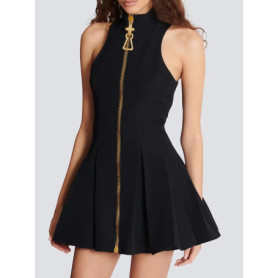 TWOTWINSTYLE Slimming Spliced Zipper Fashion Mini Dresses for Women High Neck Sleeveless High Waist Patchwork Folds Dress Female