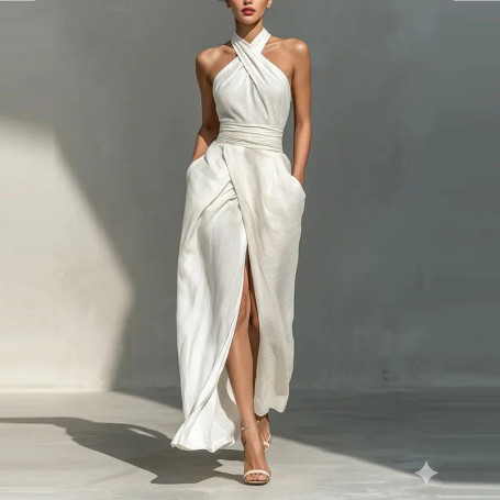 Women Sexy Off Shoulder High Waist Long Dress Spring Criss Cross Halter Hollow Boho Dress Summer Sleeveless Vacation Beach Dress