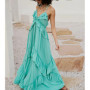 Sexy V Neck Backless Asymmetrical Ruffle Maxi Dress Halter Neck Sleeveless Long Dress Cutout Flowy Tiered Sundresses
