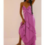 Sexy V Neck Backless Asymmetrical Ruffle Maxi Dress Halter Neck Sleeveless Long Dress Cutout Flowy Tiered Sundresses