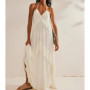 Sexy V Neck Backless Asymmetrical Ruffle Maxi Dress Halter Neck Sleeveless Long Dress Cutout Flowy Tiered Sundresses