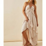 Sexy V Neck Backless Asymmetrical Ruffle Maxi Dress Halter Neck Sleeveless Long Dress Cutout Flowy Tiered Sundresses