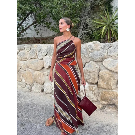 Women Stripe Printed Maxi Dress Sexy Single Shoulder Sleeveless Off-shoulder Long Robe Lady New Chic Holiday Summer 2026 Gowns