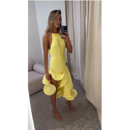 Elegant Irregular Ruffle Halter Dress Women Chic Sleeveless Off-shoulder Lace-up Slim Midi Gowns 2026 Lady Evening Party Dresses