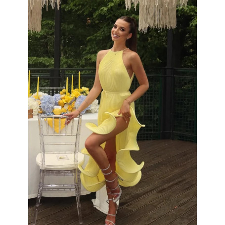 Elegant Irregular Ruffle Halter Dress Women Chic Sleeveless Off-shoulder Lace-up Slim Midi Gowns 2026 Lady Evening Party Dresses