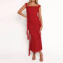 Elegant Square Collar Sleeveless Holiday Dress Summer Fashion Bandage Hight Waist Long Dress Women's Sexy Backless Draped Gowns