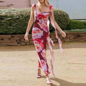 Elegant Square Collar Sleeveless Holiday Dress Summer Fashion Bandage Hight Waist Long Dress Women's Sexy Backless Draped Gowns