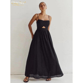 Clacive Sexy Loose Black Cotton Womens Dresses 2024 Summer Strap Sleeveless Ankle Length Dress Elegant Hollow Out Female Dress