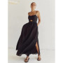 Clacive Sexy Loose Black Cotton Womens Dresses 2024 Summer Strap Sleeveless Ankle Length Dress Elegant Hollow Out Female Dress