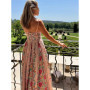 Women Dress Floral Print Midi Dresses Pink Beaded Spaghetti Strap Sweetheart Neck A-Line Dress Spring New Outfit Woman Clothes