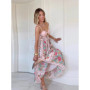 Women Dress Floral Print Midi Dresses Pink Beaded Spaghetti Strap Sweetheart Neck A-Line Dress Spring New Outfit Woman Clothes