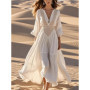 Bohemian Hollow Out Sexy Women’s Dress Deep V-Neck High Waist 3/4 Sleeve Summer Autumn Dress A-Line Vintage Beach Maxi Dresses