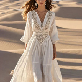 Bohemian Hollow Out Sexy Women’s Dress Deep V-Neck High Waist 3/4 Sleeve Summer Autumn Dress A-Line Vintage Beach Maxi Dresses