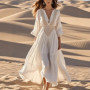 Bohemian Hollow Out Sexy Women’s Dress Deep V-Neck High Waist 3/4 Sleeve Summer Autumn Dress A-Line Vintage Beach Maxi Dresses