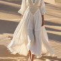 Bohemian Hollow Out Sexy Women’s Dress Deep V-Neck High Waist 3/4 Sleeve Summer Autumn Dress A-Line Vintage Beach Maxi Dresses