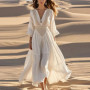 Bohemian Hollow Out Sexy Women’s Dress Deep V-Neck High Waist 3/4 Sleeve Summer Autumn Dress A-Line Vintage Beach Maxi Dresses