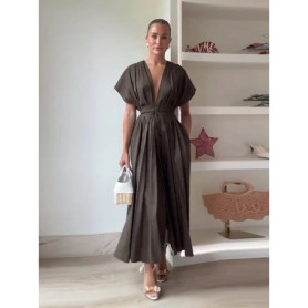 Sexy V-neck Pleated Lace Up Dress Women Fashion Short Sleeve High Waist Slim Fit Long Dresses Female Summer Chic Holiday Party