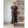 Sexy V-neck Pleated Lace Up Dress Women Fashion Short Sleeve High Waist Slim Fit Long Dresses Female Summer Chic Holiday Party