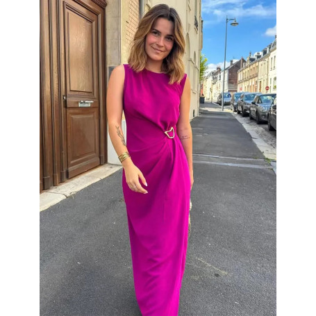 HH Women's Summer Fashion Solid Crew Neck Buckle Pleated Midi Long Dress Female Elegant Side Slit Asymmetrical Zipper Dress