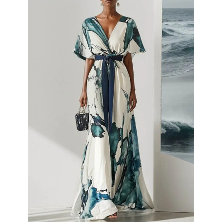 Freeacy Watercolor Printed Elegant Maxi Dress for Women 2026 Summer V-neck Lace-up Waist Batwing Sleeves Pleated Party Dresses