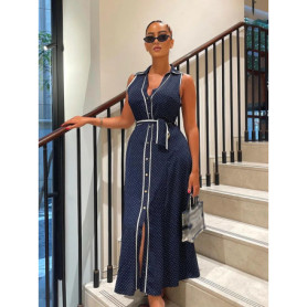 HH Woman Elegant Chic Sleeveless Single-breasted Midi Dress Summer Women Sexy White Polka Dot Shirt Style Chart Dress Mujer