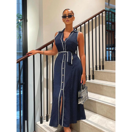 HH Woman Elegant Chic Sleeveless Single-breasted Midi Dress Summer Women Sexy White Polka Dot Shirt Style Chart Dress Mujer