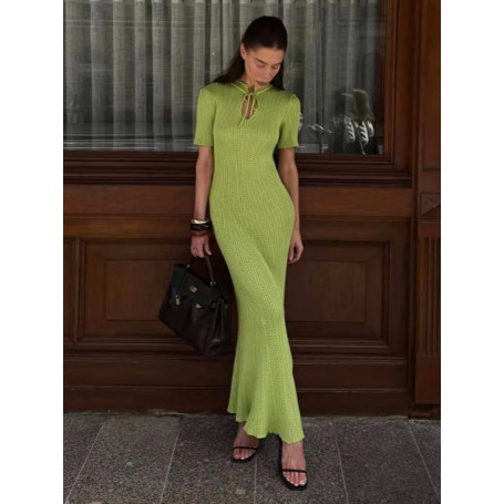 TARUXY Short Sleeve Knitted Long Dress Female Slim Hollow Retro Elegant Sweater Dress 2025 Summer New High Waist Women‘s Dress