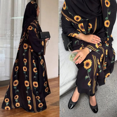Women Print Abaya Muslim Elegant Scarf Cardigan Morocco Kaftan Eid Jalabiya Ramadan Vestidos Largos Islam Party Arab Long Robe
