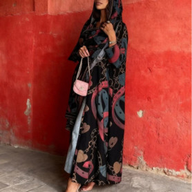 Eid Women Abaya Hijab Print Cardigan Dress Headscarf 2 Piece Set Muslim Dubai Morocco Kaftan Ramadan Saudi Robe Vestidos Largos