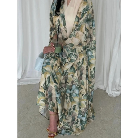 Eid Women Abaya Scarf 2 Piece Set Open Dress Print Muslim Jalabiya Ramadan Vestidos Largos Arab Long Robe Morocco Dubai Kaftan