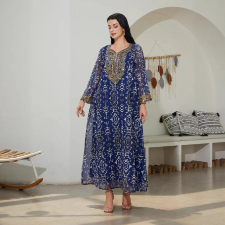 2026 Middle East Muslim New Fashion Women's Mesh Spliced Embroidered Casual Trendy Loose Long Sleeve Ankle Length Dresses Abaya
