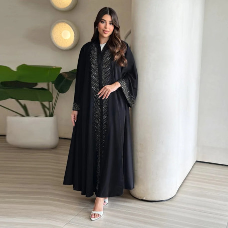 Eid Mubarak Ramadan Open Abaya Women Muslim Dress Jilbab Kebaya Islam Clothing Black Kaftan Robe Rhinestone Dresses Hijab Abayas