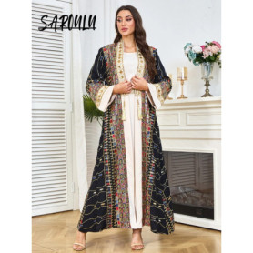 Muslim Modest Two Pieces Prom Dress Black Gold Colorful Embroidery Abaya Turkish Kaftan Maxi Robe For Women Formal Occasions