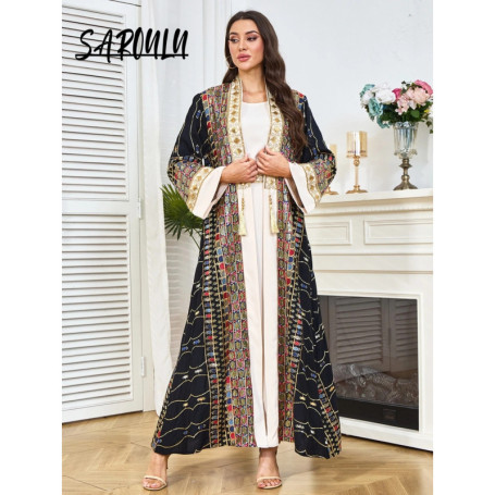Muslim Modest Two Pieces Prom Dress Black Gold Colorful Embroidery Abaya Turkish Kaftan Maxi Robe For Women Formal Occasions