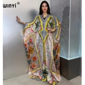 WINYI summer kaftan kuwait Women print Beach cover-ups dress abaya dubai luxury abaya muslim woman dubai Fashion evening dress