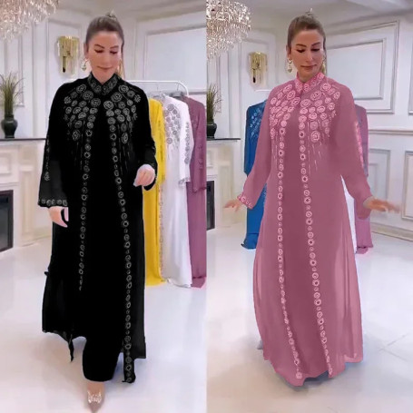 Luxury Diamonds African Dashiki Dresses for Women Kaftan Clothing Ramadan Robe Chiffon Long Dress Islam Muslim Abaya 2 Piece Set