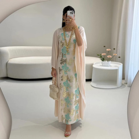 2026 Summer New Middle Eastern Women's Jacquard Heavy Embroidery Long Dress with Waist Design Robe