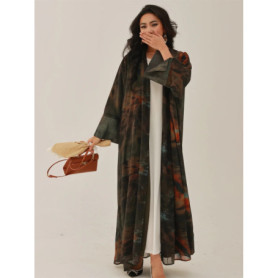 Middle-East Open Front Abaya Muslim Full Sleeve Tie-dye Loose Arabian Abayas Turkey Kaftans Women Jilbabs Islamic Maxi Dresses