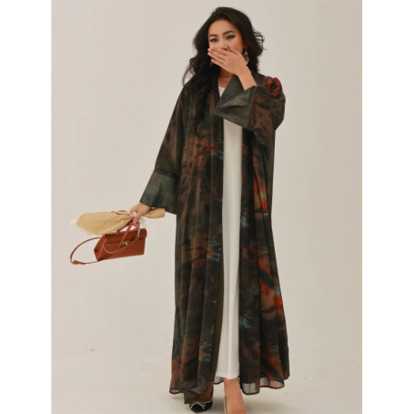 Middle-East Open Front Abaya Muslim Full Sleeve Tie-dye Loose Arabian Abayas Turkey Kaftans Women Jilbabs Islamic Maxi Dresses