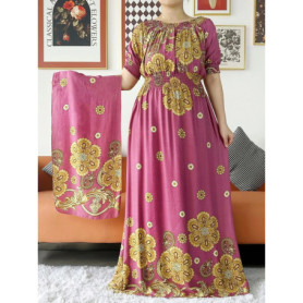 Women Party Dress Muslim Summer Short Sleeve Long Dress Collect Waist Floral Boubou Maxi Islam Women Dress African Abaya Clothes