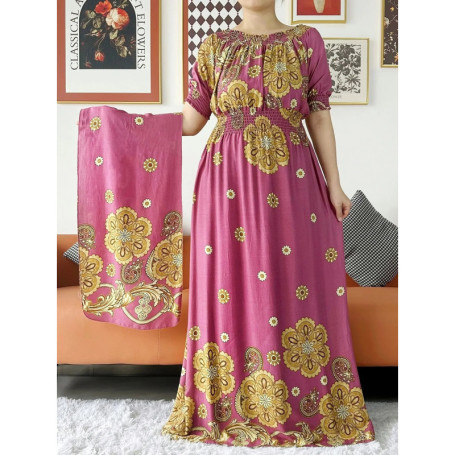 Women Party Dress Muslim Summer Short Sleeve Long Dress Collect Waist Floral Boubou Maxi Islam Women Dress African Abaya Clothes