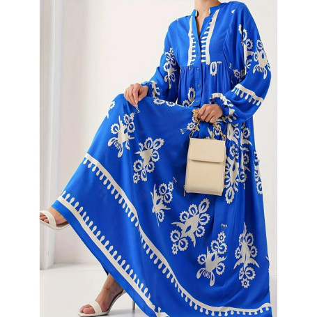 New Women's Loose Ethnic Retro Dress Spring Autumn Print V Neck Casual Long Dress Arab Style Bohemian Maxi Dresses Muslim Abayas