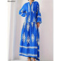 New Women's Loose Ethnic Retro Dress Spring Autumn Print V Neck Casual Long Dress Arab Style Bohemian Maxi Dresses Muslim Abayas