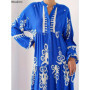 New Women's Loose Ethnic Retro Dress Spring Autumn Print V Neck Casual Long Dress Arab Style Bohemian Maxi Dresses Muslim Abayas