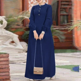 Muslim Middle East Women Clothes Casual Loose Solid Color Elegant Maxi Dress Spring New Long Sleeve Denim Dress Saudi Arab Abaya