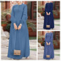 Muslim Middle East Women Clothes Casual Loose Solid Color Elegant Maxi Dress Spring New Long Sleeve Denim Dress Saudi Arab Abaya