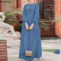 Muslim Middle East Women Clothes Casual Loose Solid Color Elegant Maxi Dress Spring New Long Sleeve Denim Dress Saudi Arab Abaya