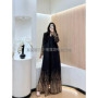 Fold Women's Black Pleated Abaya Long-Sleeve Maxi Robe Gold Pattern Decor Texture Fabric Elegant Fashion Daily Wear Trendy Chic