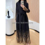 Fold Women's Black Pleated Abaya Long-Sleeve Maxi Robe Gold Pattern Decor Texture Fabric Elegant Fashion Daily Wear Trendy Chic