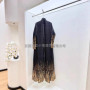 Fold Women's Black Pleated Abaya Long-Sleeve Maxi Robe Gold Pattern Decor Texture Fabric Elegant Fashion Daily Wear Trendy Chic